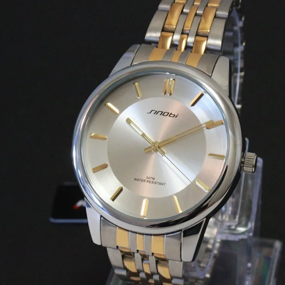 Men's Casual Watch Two Tone Silver Sunburst Dial Gold Hands, Indices 38mm